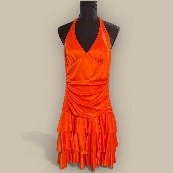 Vtg Halter Dress Womens Small Orange Mini Party Clubbing Hoco Size Small Ruffle - Picture 1 of 4